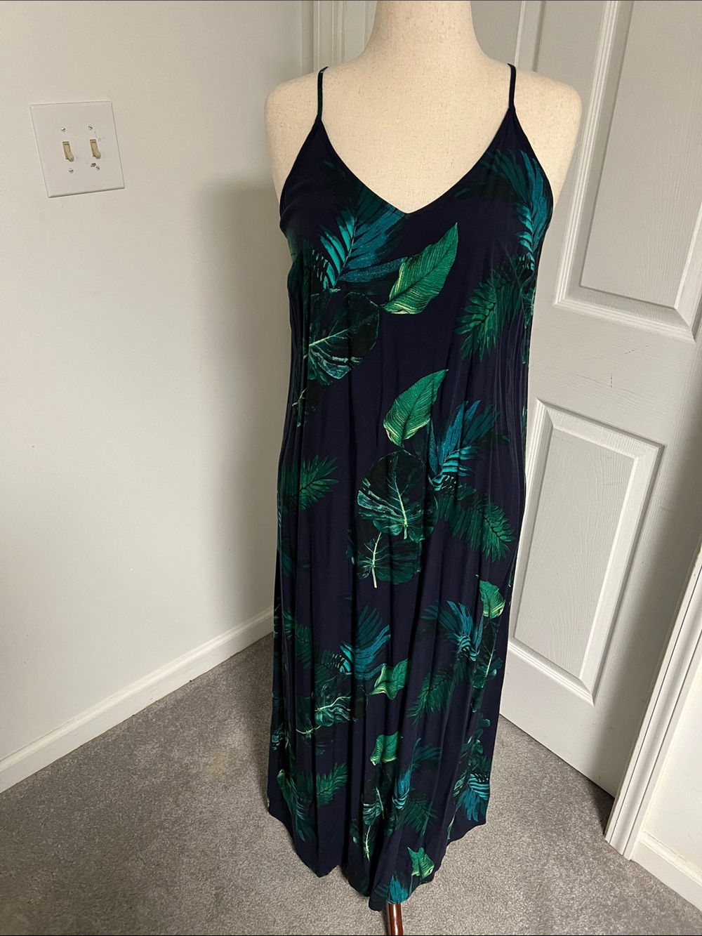 Old Navy Navy Maxi Dress with Green Leaf Print large